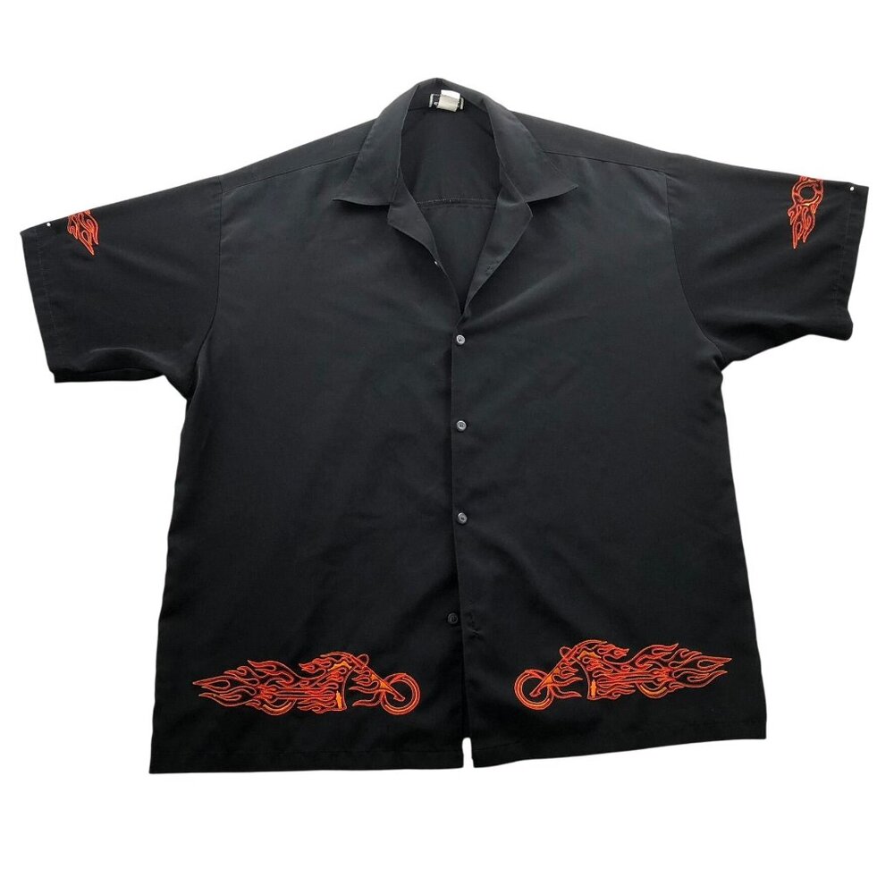 Vintage Saga Men Shirt 2X Short Sleeve Button Up Embroidered Motorcycle Black